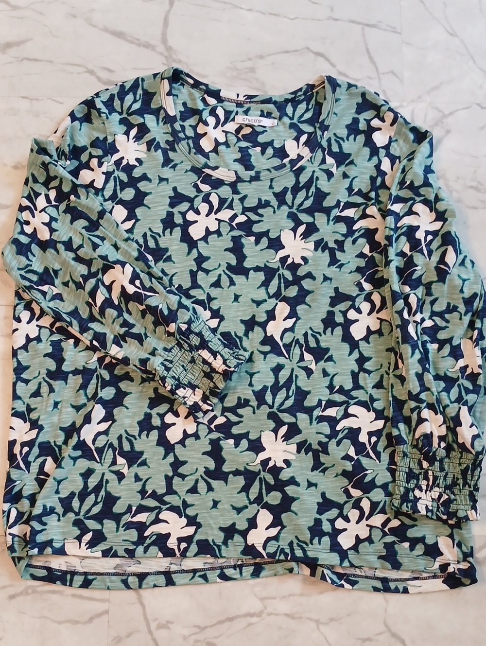 Chicos Teal & Navy Floral Print Long Sleeve Slub knit Top Sz. 3- (16 U.S.)
